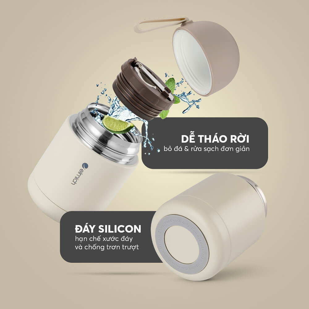 Bình đựng thức ăn giữ nhiệt inox 304 Elmich EL8301 450ml,Hàng chính hãng, nắp phụ đi kèm thìa, dây xách silicone JoyMall