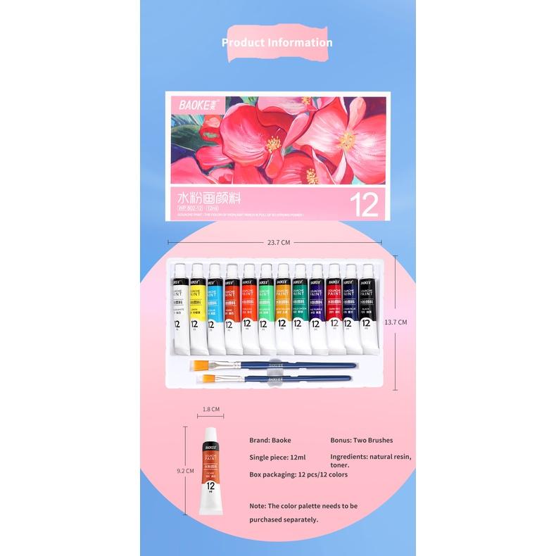 Màu bột Gouache dạng tuýp 12ml BAOKE - 12/18/24 màu - 1 hộp -WP802