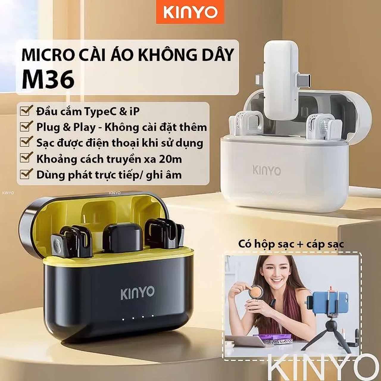 Micro thu âm không dây cài áo Vinetteam Kinyo M36 kèm dock sạc lọc âm chống ồn cao cấp có 2 đầu dành cho Iphone và Android - hàng chính hãng