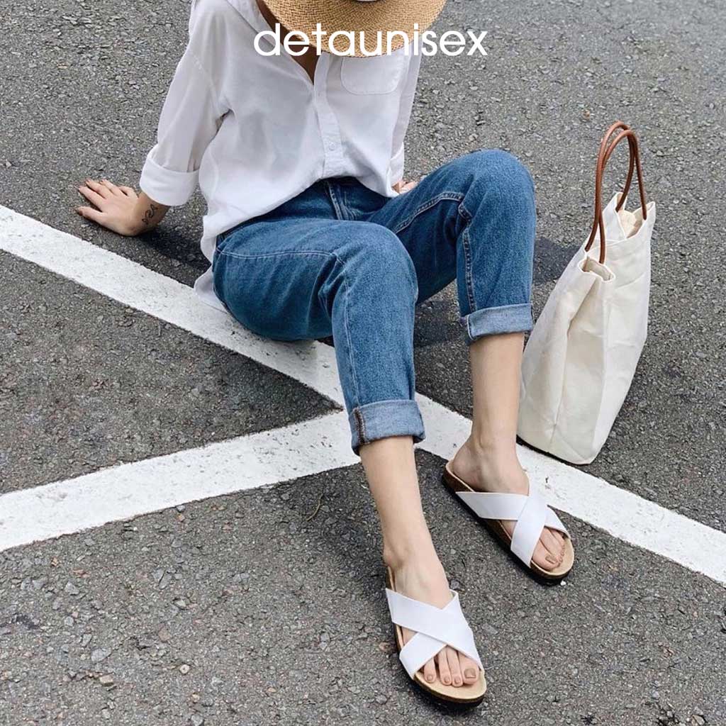 Dép Đế Trấu Nữ Quai Chéo Detaunisex Màu Trắng - DETA23T