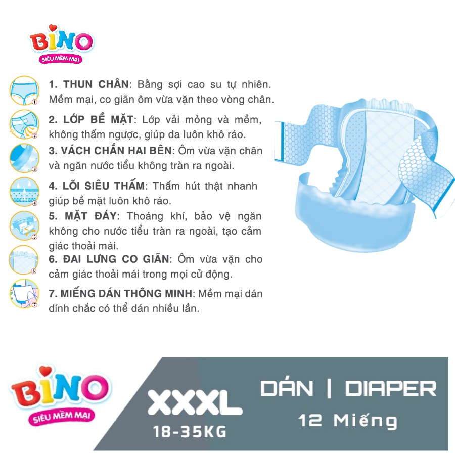 Combo 2 gói tã dán bino sumo siêu thấm hút công nghệ nhật bản ( 18-35kg ) vòng eo 63cm-80cm