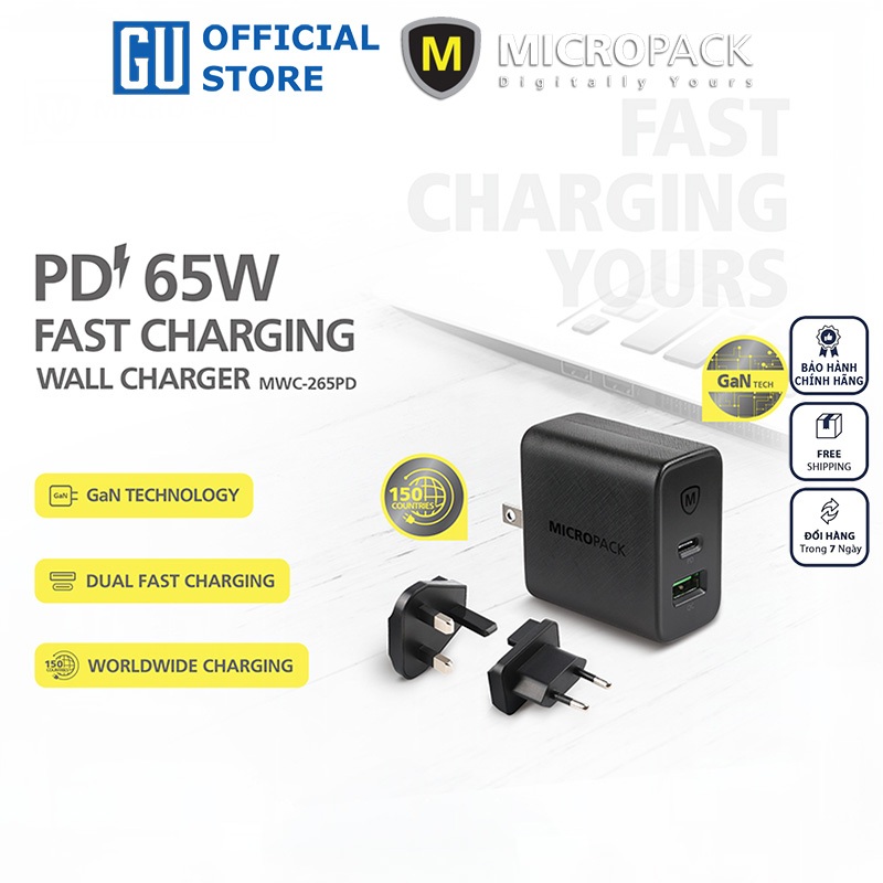 Củ sạc MicroPack POWER SERVER GaN 65W MWC-265PD Nhỏ Gọn Tặng Kèm Đầu Cắm US/ EU/ UK Hàng Chính Hãng