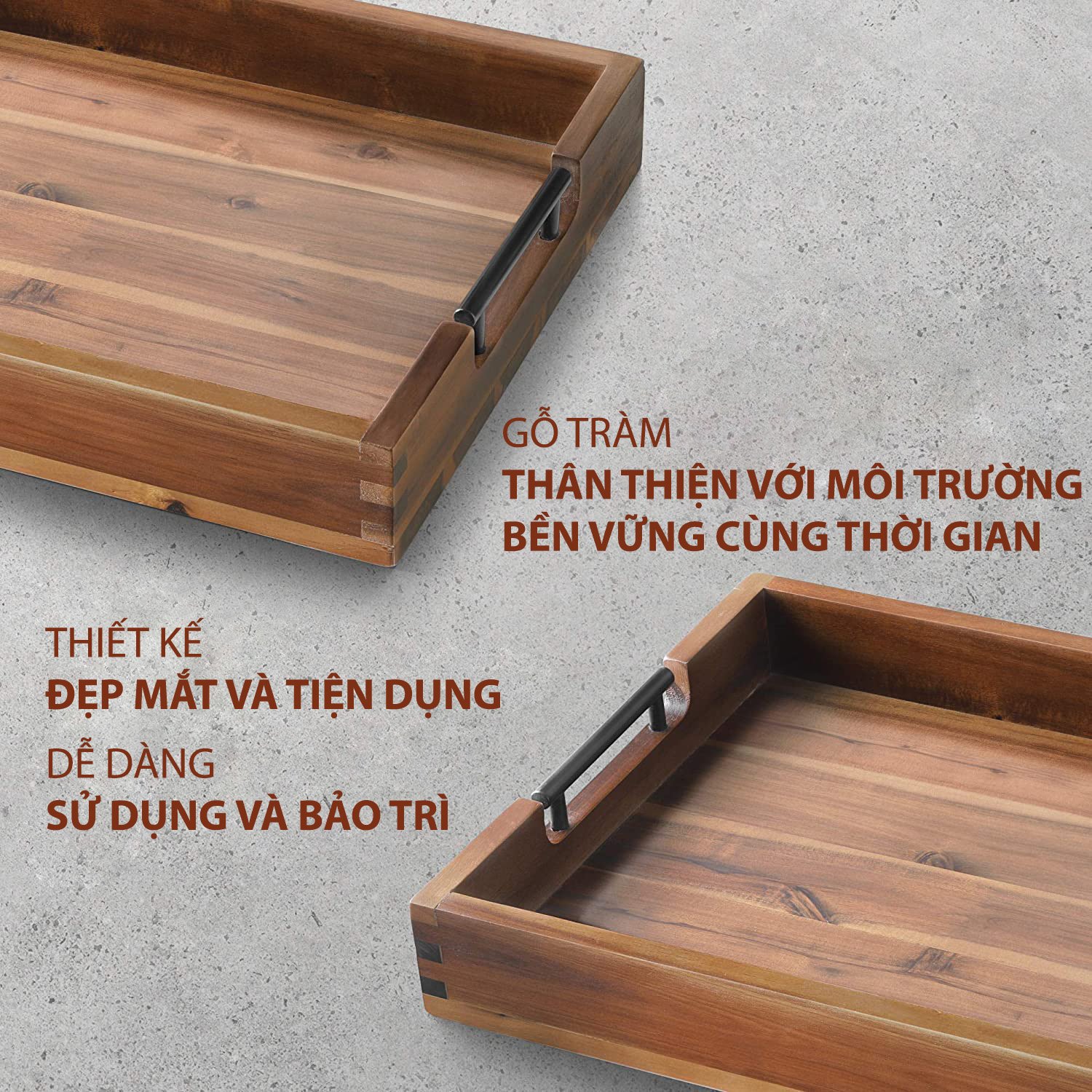 KHAY GỖ. LÀM BẰNG GỖ TRÀM, HÌNH CHỮ NHẬT 42 X 32X 6 CM CÓ 2 TAY CẦM BẰNG SẮT : DÙNG ĐỰNG THỰC PHẨM , GIA VỊ, KHAY TRÀ (có 2 màu)