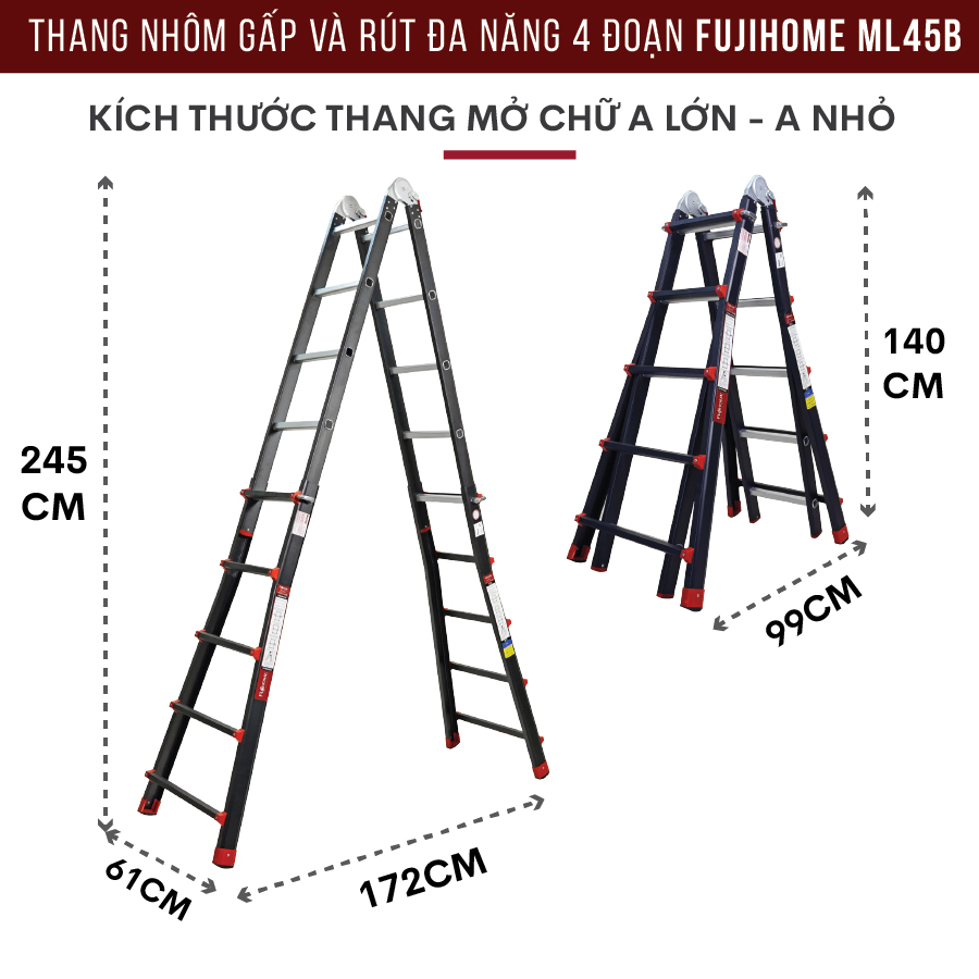 Thang nhôm FUJIHOME ML45 4 đoạn cao tối đa 5m, Hợp kim nhôm cao cấp, Xếp nhiều hình dáng