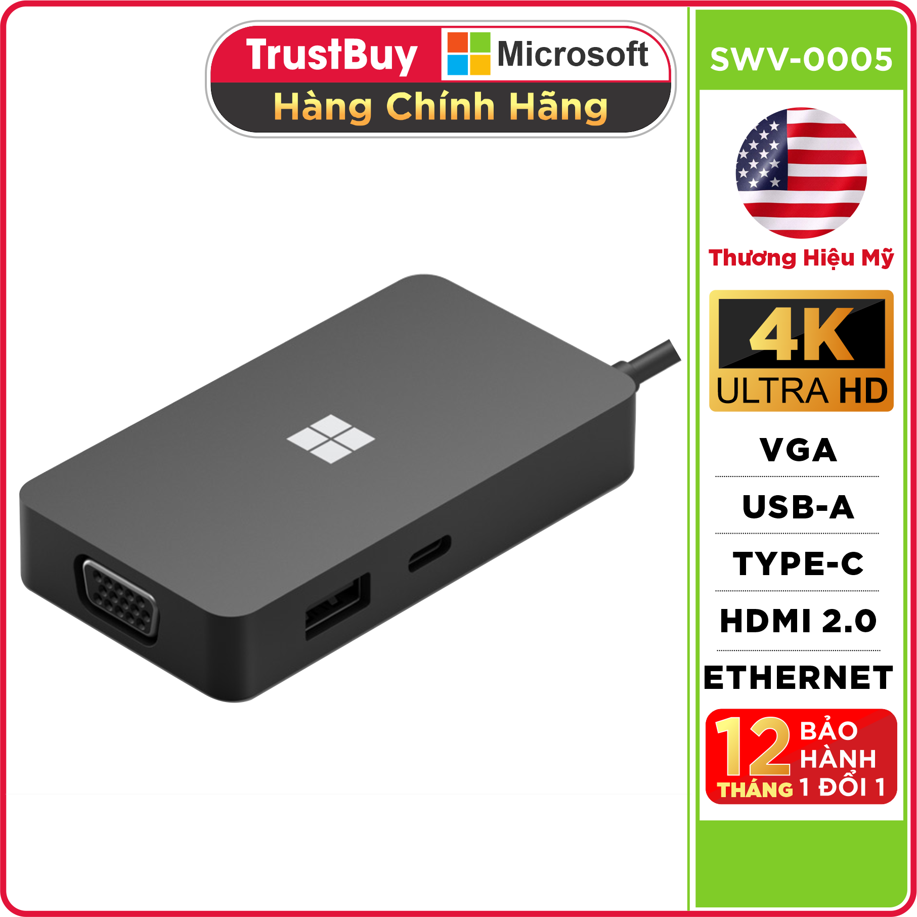 Hub Chuyển Đổi Type C To HDMI 4K 60Hz/ VGA/ USB/ Type C 3.2/ Ethernet RJ45/ Microsoft Travel - Hàng Chính Hãng