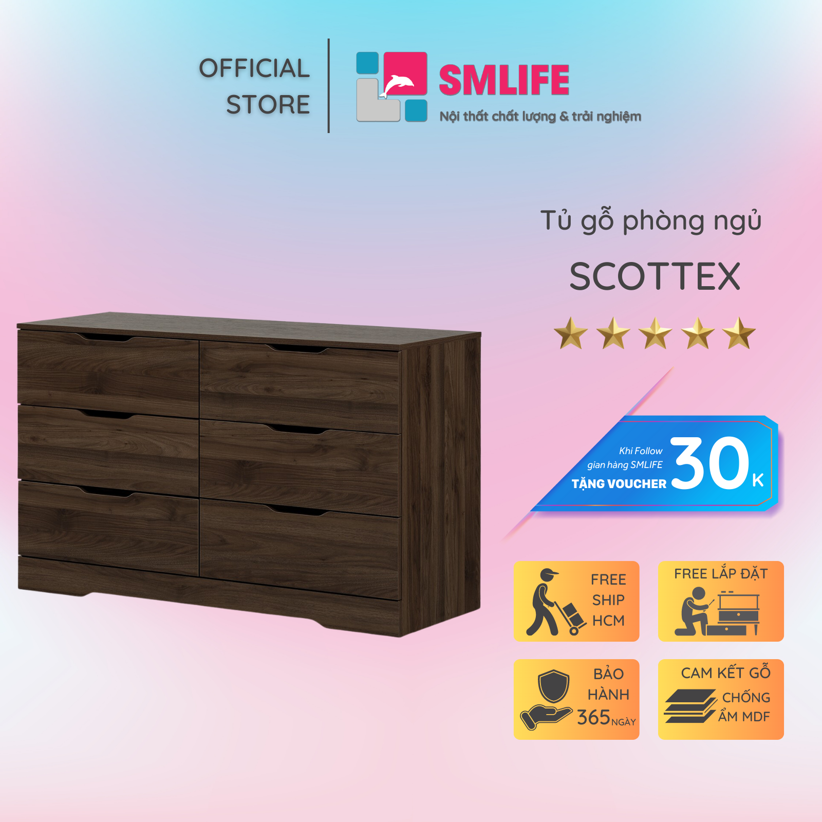 Tủ phòng ngủ gỗ hiện đại SMLIFE Scottex | Gỗ MDF dày 17mm chống ẩm | D120xR48xC70cm