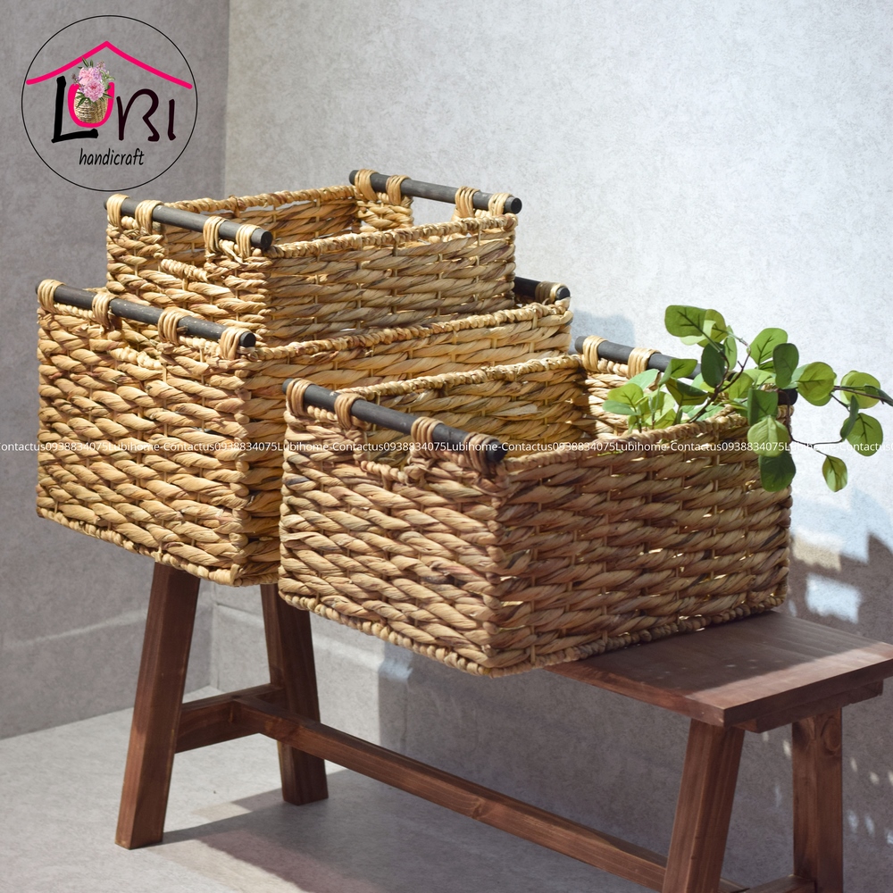 Lubihandicraft - Sọt lục bình đựng đồ quai gỗ đen - đẹp, sang trọng