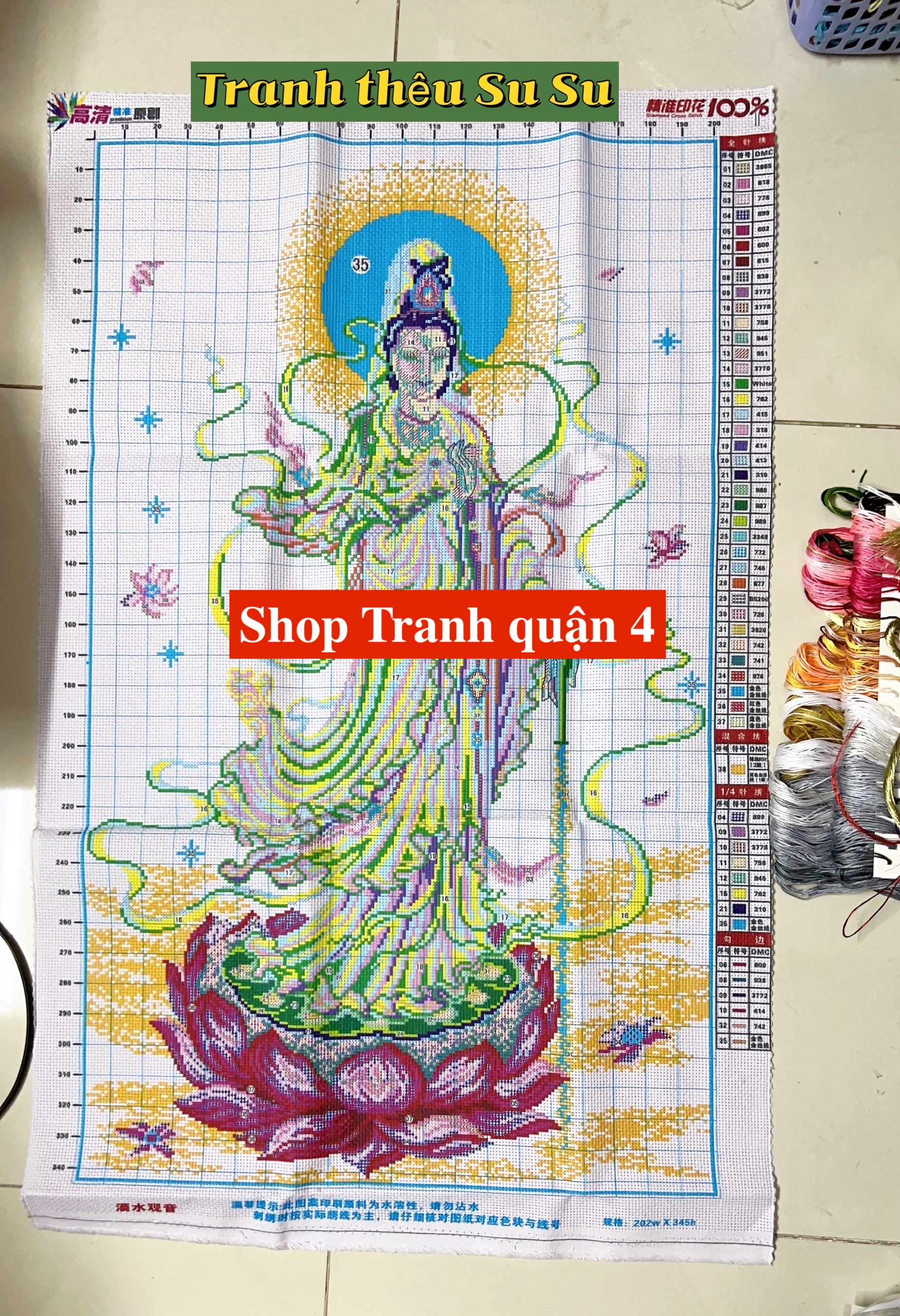 Tranh thêu chữ thập Quan âm ban phước 247, kích thước 57 x 90 cm