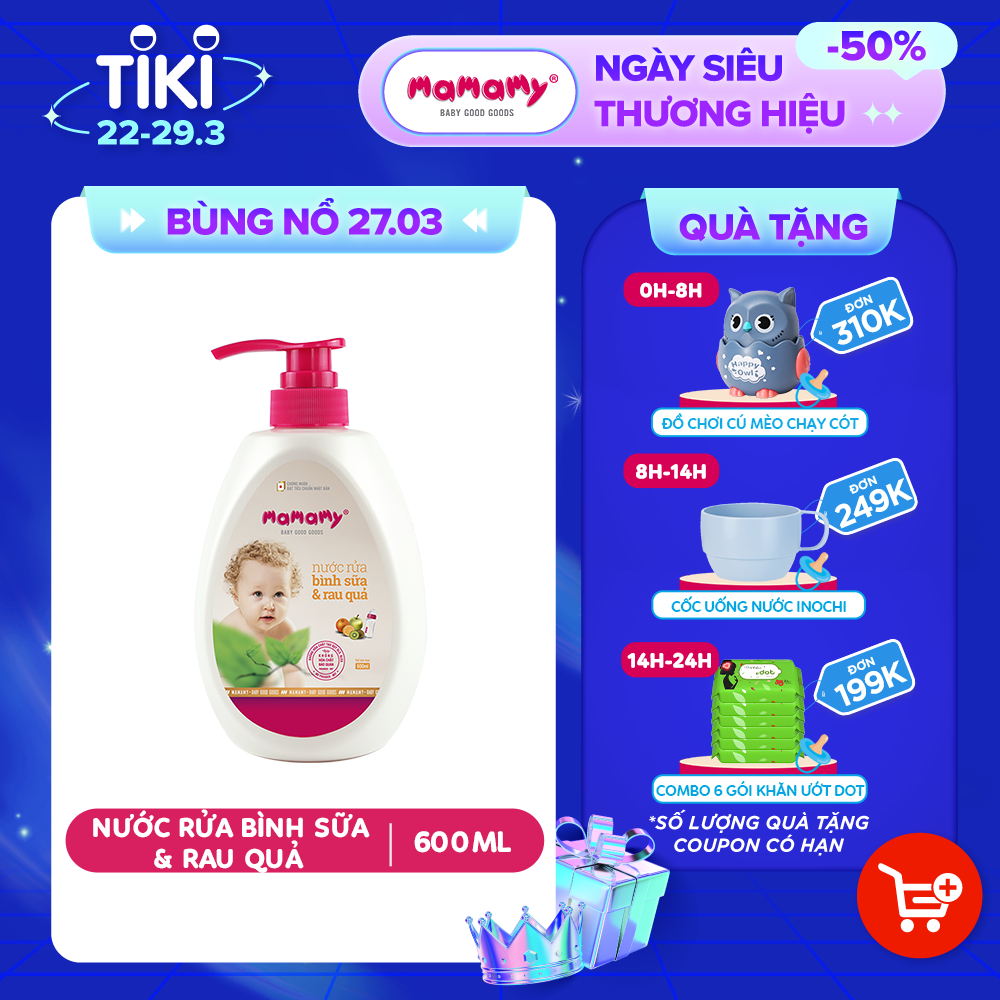 Chai Nước rửa bình sữa &amp; rau quả Mamamy 600 ml