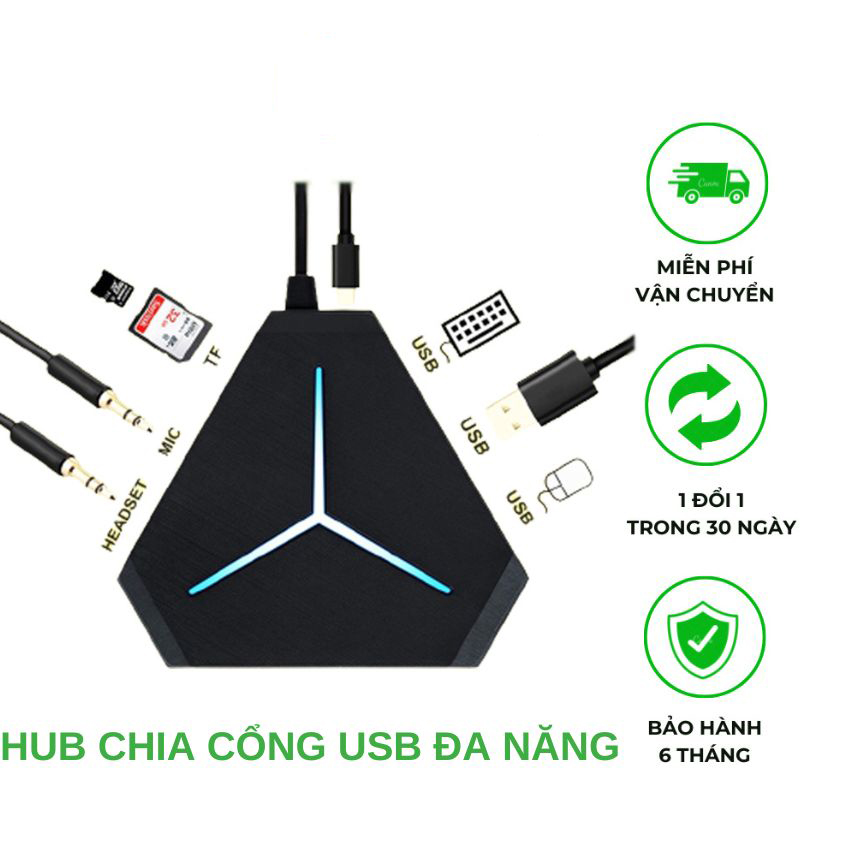 Bộ chia cổng HUB USB mở rộng kết nối đa năng 6 cổng USB tốc độ cao, cổng Audio, đầu đọc thẻ nhớ, đèn LED đẹp rực rỡ