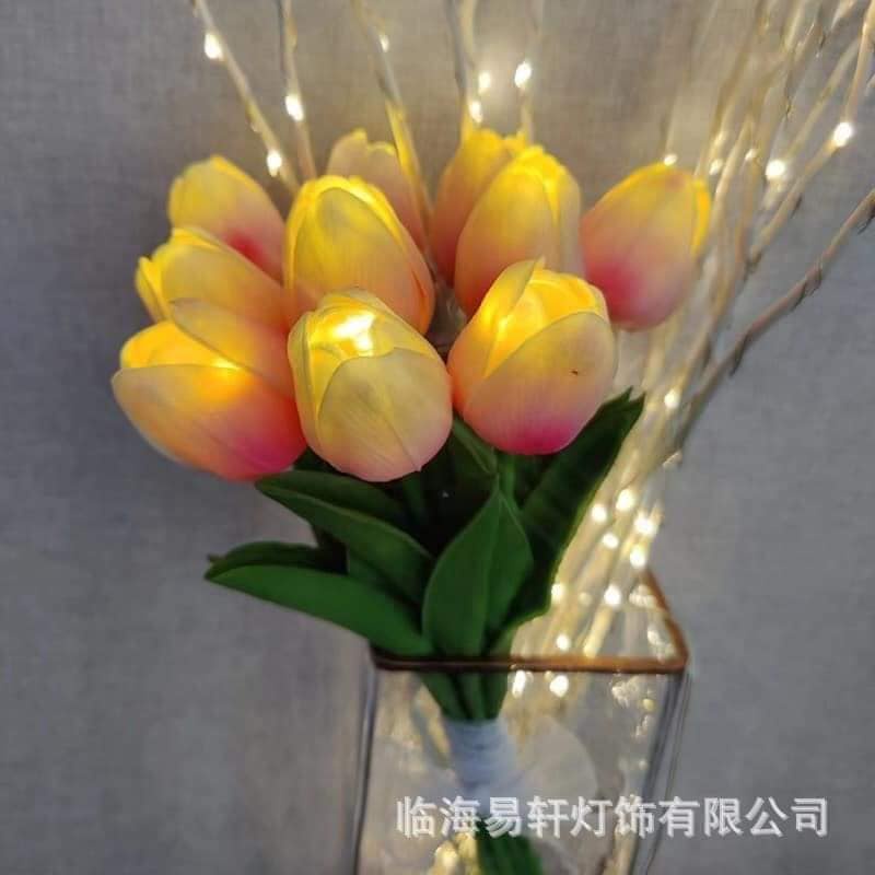 Bó 10 Cành Hoa Tulip Kèm Đèn Led Phát Sáng Hoa Cưới Hoa Lụa Giả Kèm Nơ Xinh Decor Trang Trí Nhà Cửa