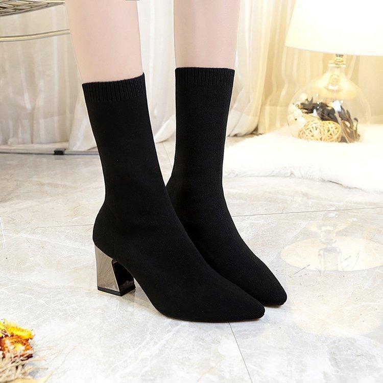 2019 Thu Mới Chỉ Giày Bốt Martin Dày Với Nữ Cao Gót Giày Stovepipe Đen Ống Len Thun Giày