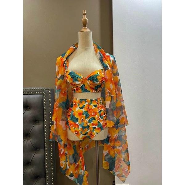 Set bikini 3 món đi biển mút dày hoa tiết hoa lá sang chảnh