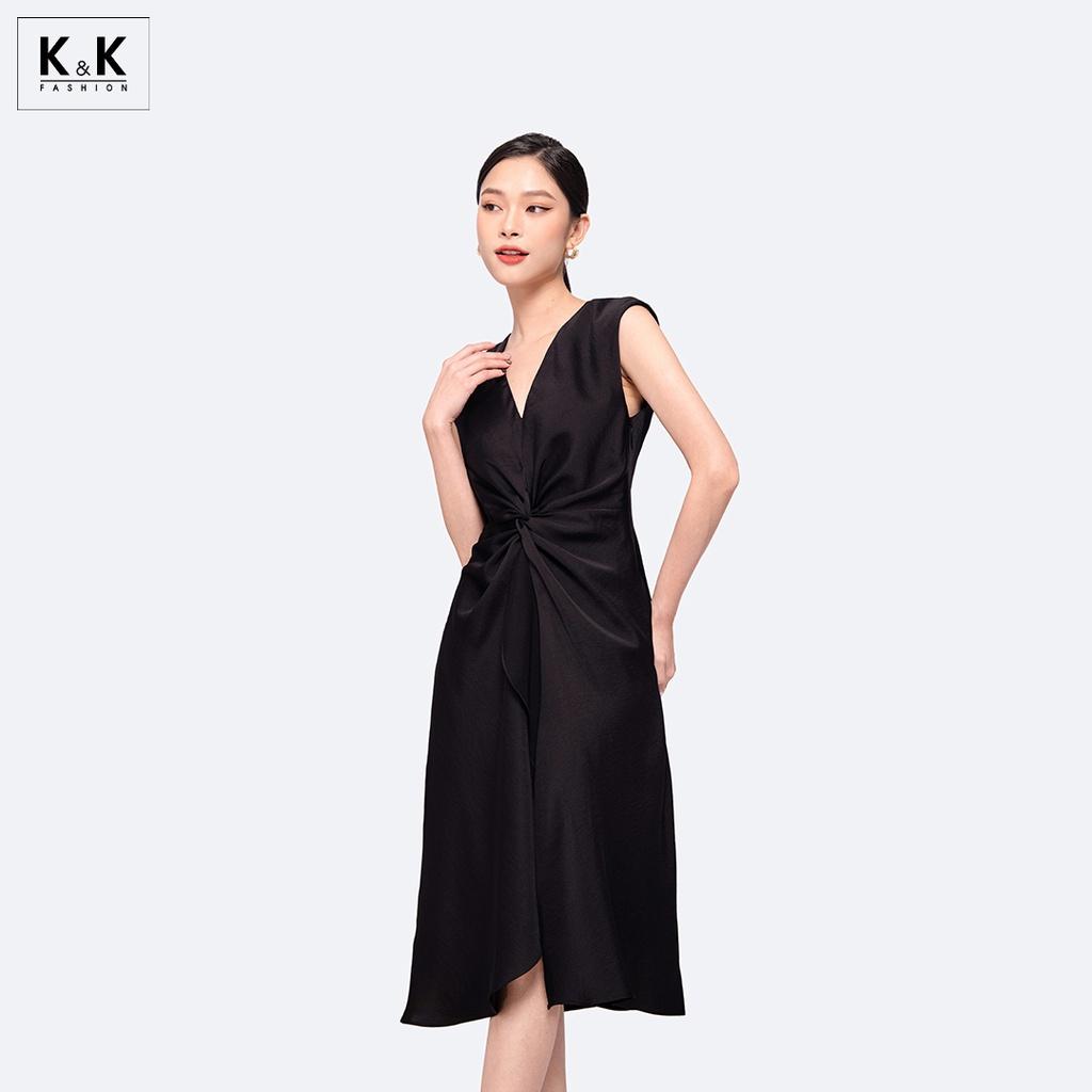 Đầm Midi Đen Dự Tiệc Cổ V Sát Nách Xoắn Eo K&amp;K Fashion KK130-25 Chất Liệu Silk