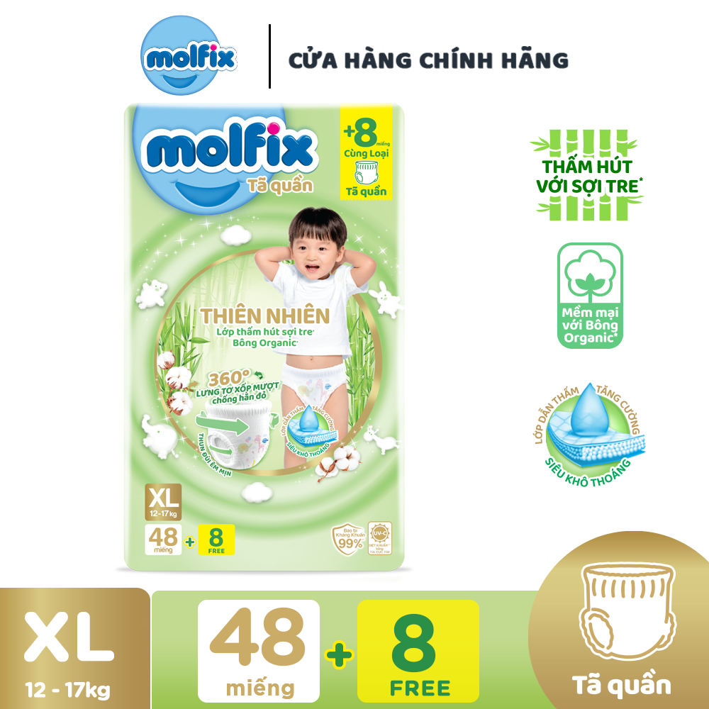 Tã/bỉm quần Molfix Thiên nhiên Super Jumbo XL (12kg - 17kg) - Gói 48+8 miếng