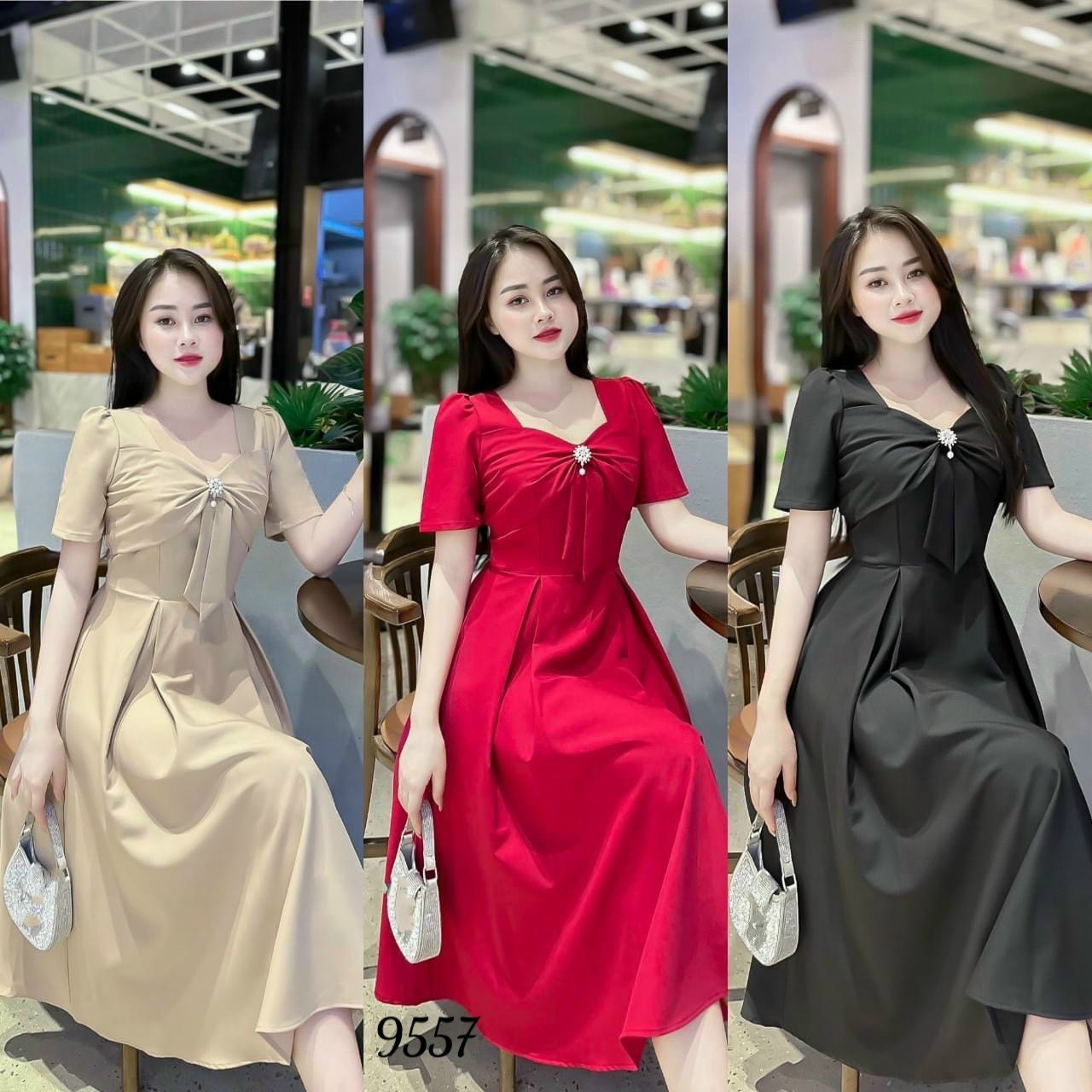 Đầm váy nữ dự tiệc dạo phố cổ vuông cách điệu ngực đỏ đen nâu thanh lịch