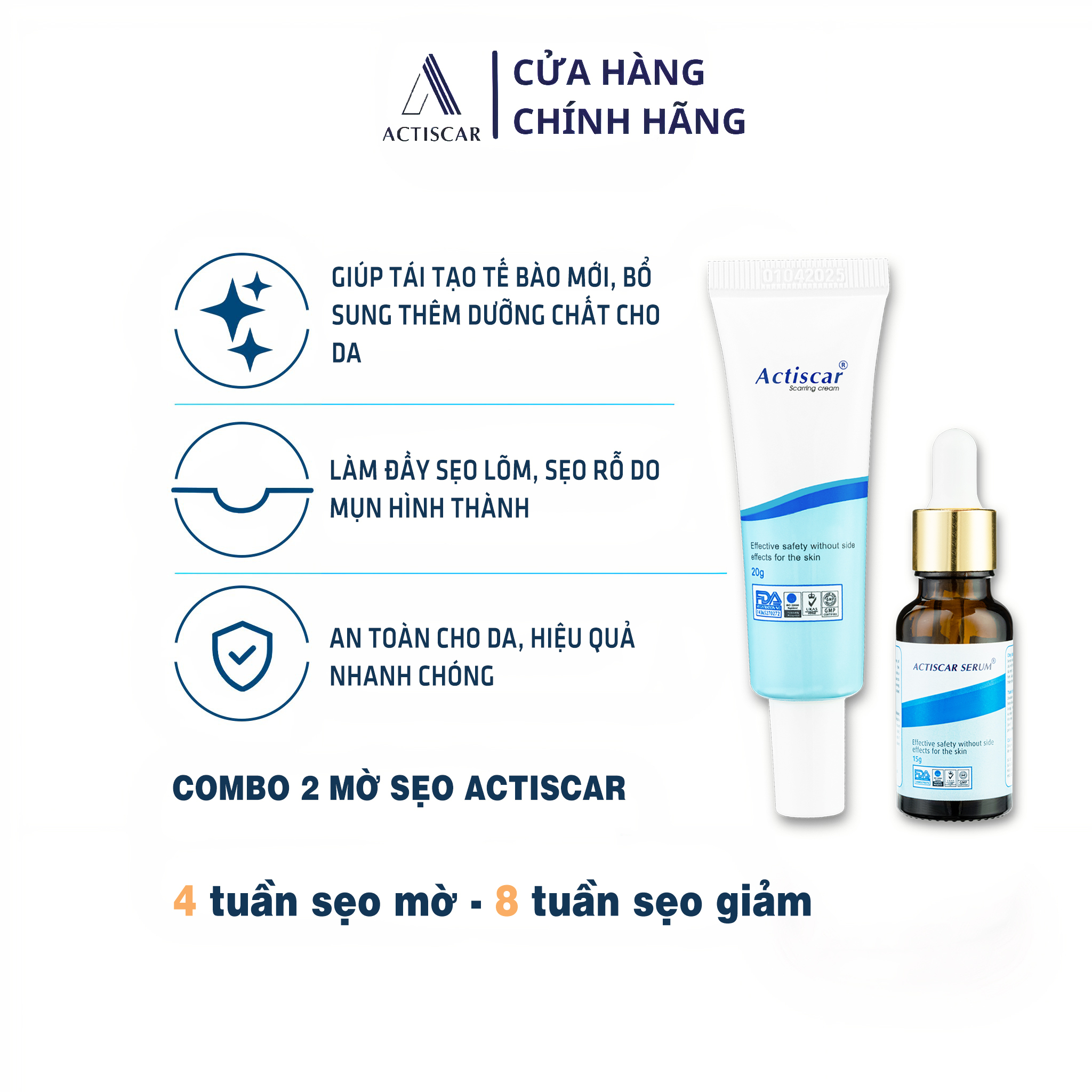 [Combo bộ 2] -  Hỗ Trợ Trị Sẹo Actiscar làm mờ sẹo Lồi, Sẹo Lõm, Sẹo Rỗ, Sẹo Thâm Lâu Năm