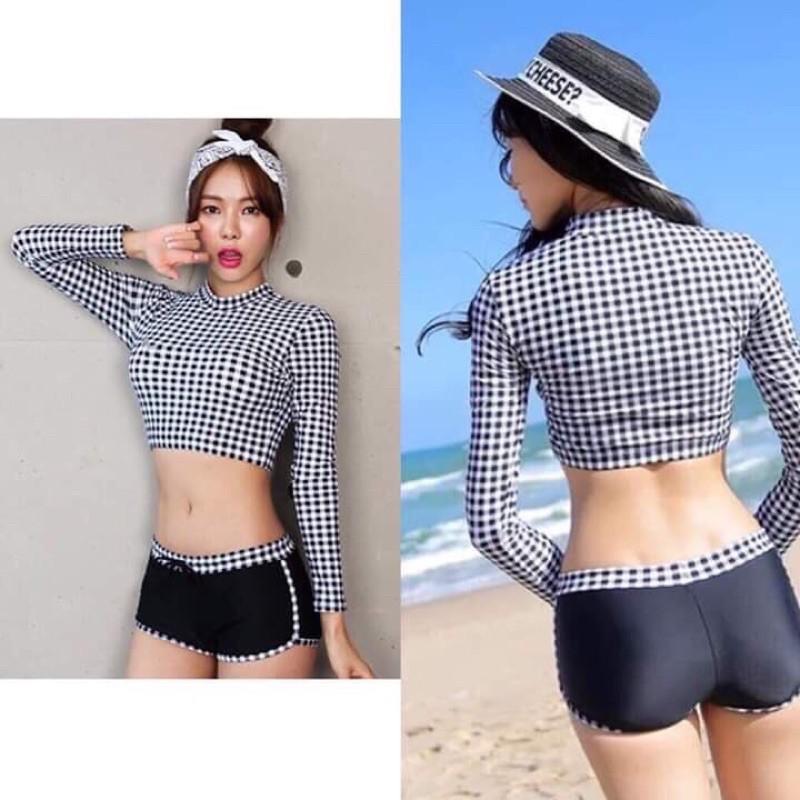 Đồ bơi nữ Bikini 2 mảnh croptop họa tiết kẻ sọc tay dài quần đùi thun lạnh co dãn 4 chiều DBN004