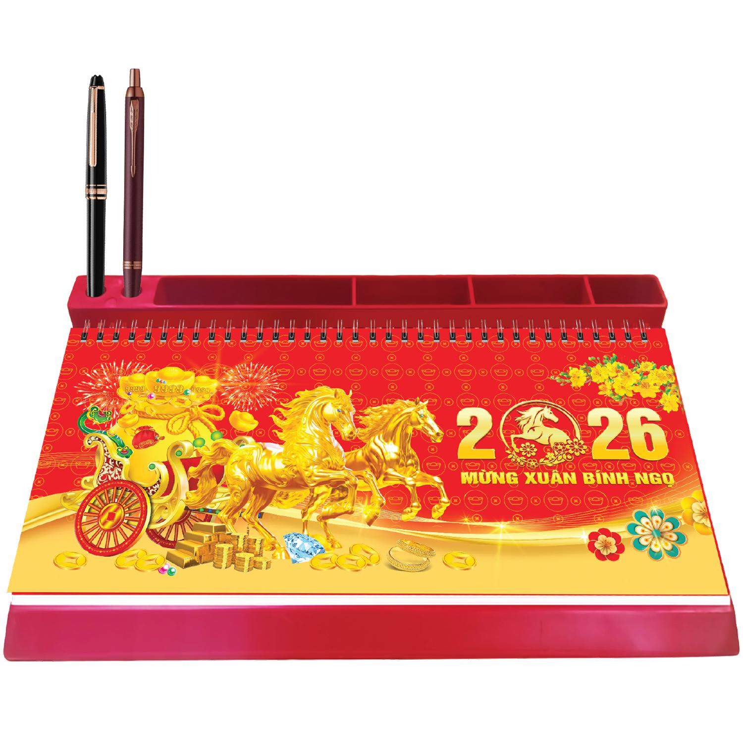 Lịch Bàn 53 Tuần Đế Nhựa Lò Xo Giữa 2026 - Chủ Đề Phong Thủy