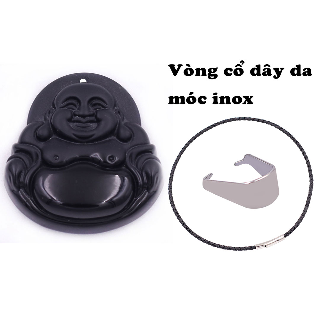 Mặt dây chuyền Phật Di lặc đá đen 4.5 cm  kèm vòng cổ dây da đen + móc inox trắng, mặt dây chuyền Phật cười