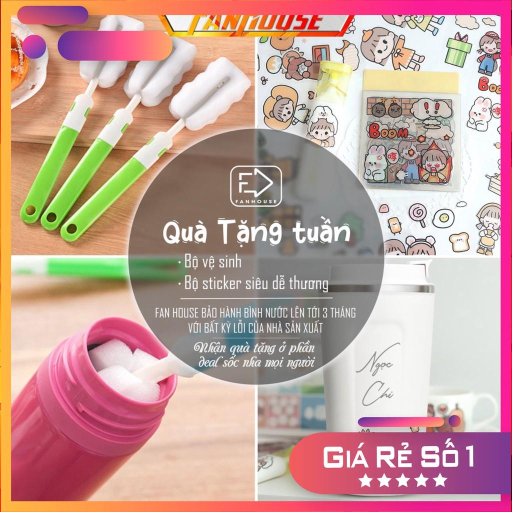 Bình nước 2 lít tặng Sticker dành cho người lười uống nước Fan House bình nước cute 2L có ống hút, vạch chia nhắc giờ