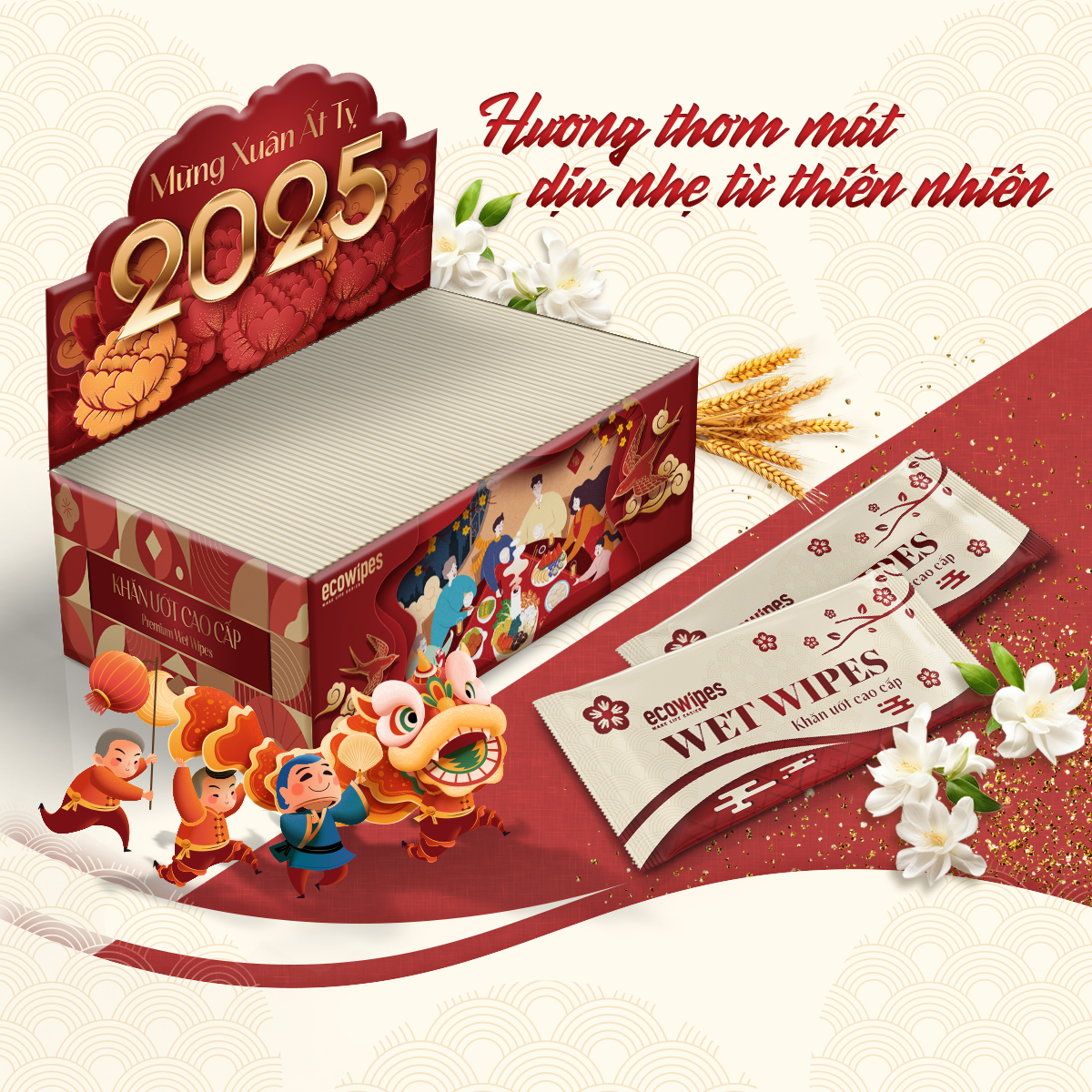 Hộp 50 tờ khăn ướt cao cấp EcoWipes Tết Preminum hương thơm mát tự nhiên để bàn ăn tiếp khách