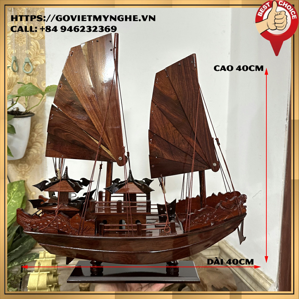 Mô hình thuyền gỗ thuyền trang trí thuyền gỗ cổ Hạ Long Rồng - Thân tàu dài 40cm - Buồm gỗ tự nhiên