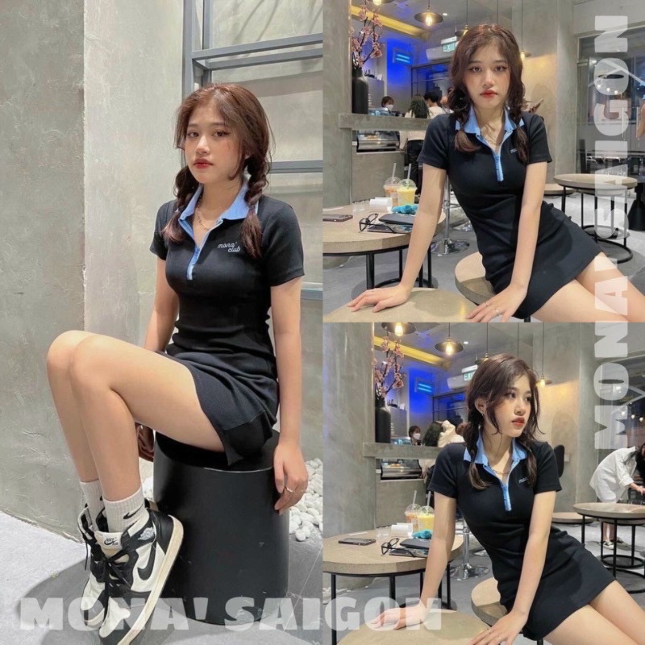 V4- Đầm polo cổ xanh có dây kéo thêu chữ chất thun mịn kiểu dáng trẻ trung nữ tính Hana