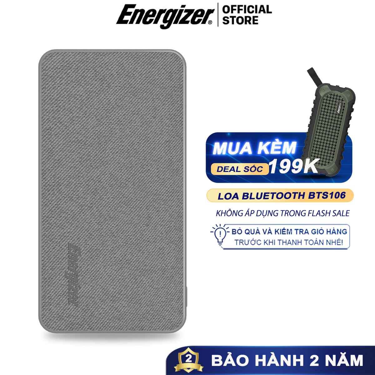 Sạc dự phòng Energizer 20000mAh - UE20043 - Tích hợp 2 cổng USB output &amp; 2 cổng input - Hàng chính hãng