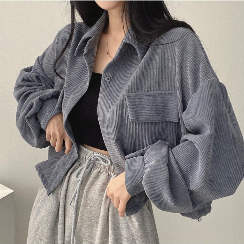 Áo Sơ Mi Nhung Tăm Hàn Quốc Nữ Tay Bồng Dáng Lỡ 3 Màu Siêu Xinh