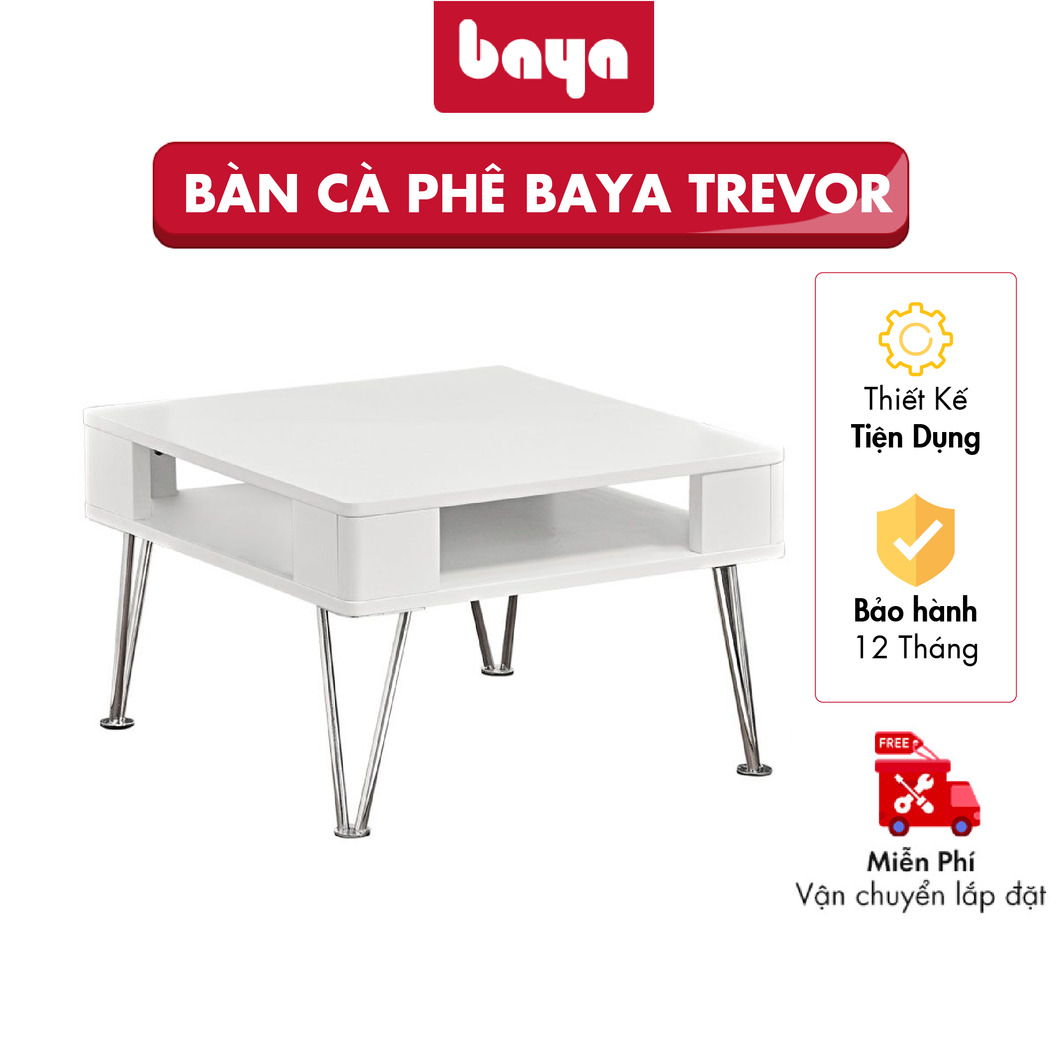 Bàn Trà Cafe Phong Cách Hiện Đại BAYA Trevor Chất Liệu Mặt Bàn Bằng Gỗ MDF Phủ Sơn Trắng Cạnh Bo Tròn, Chân Bàn Bằng Kim Loại Thiết Kế Bàn Hình Vuông Có Ngăn Chứa 1025002