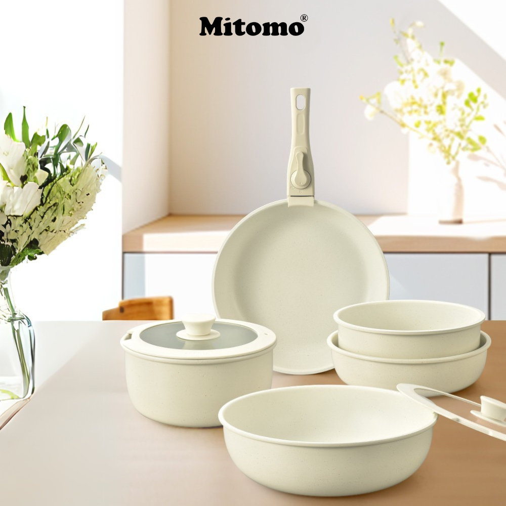 Bộ nồi chảo đá gốm Mitomo chống dính cao cấp 5 món có tay cầm tháo rời, dùng cho mọi loại bếp - Hàng chính hãng