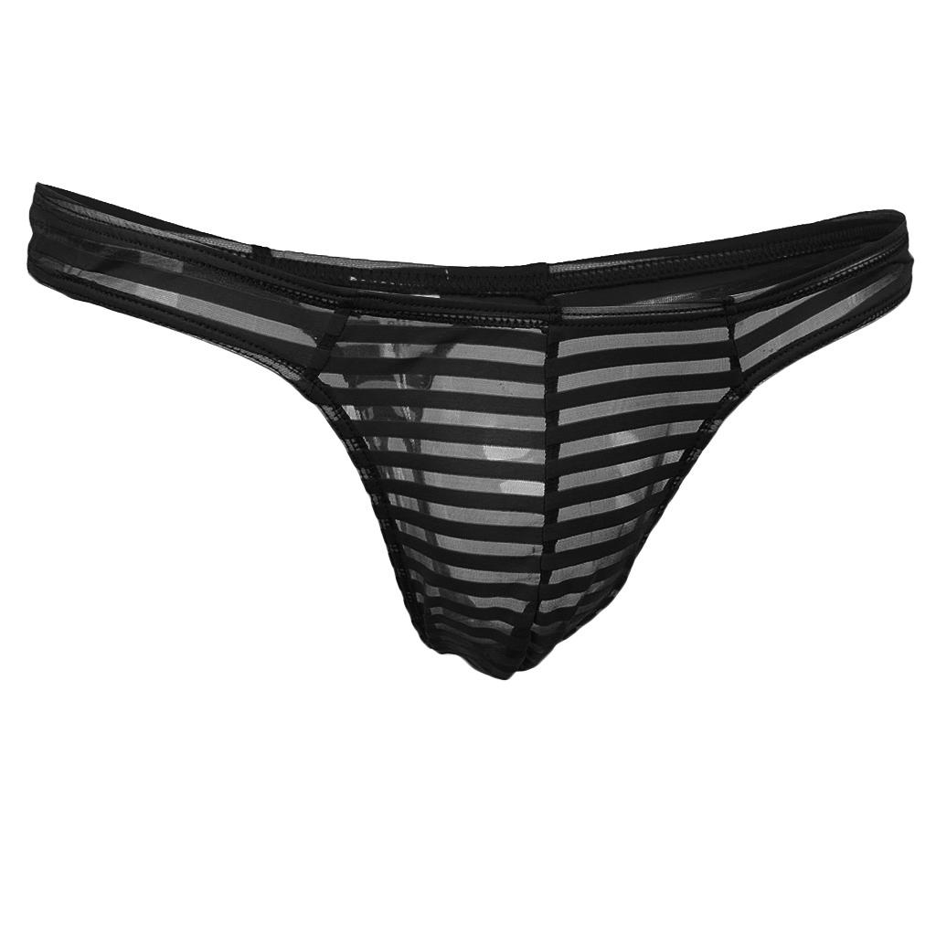 Men's Sheer Mesh Striped Panties Pouch Thong Low Waist Underpants Brief T-back Underwear