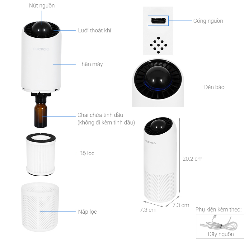 Máy lọc không khí Cuckoo CAC-AG0110FW/WHCKV Khuếch tán tinh dầu dùng trong xe ô tô - Hàng chính hãng Cuckoovina