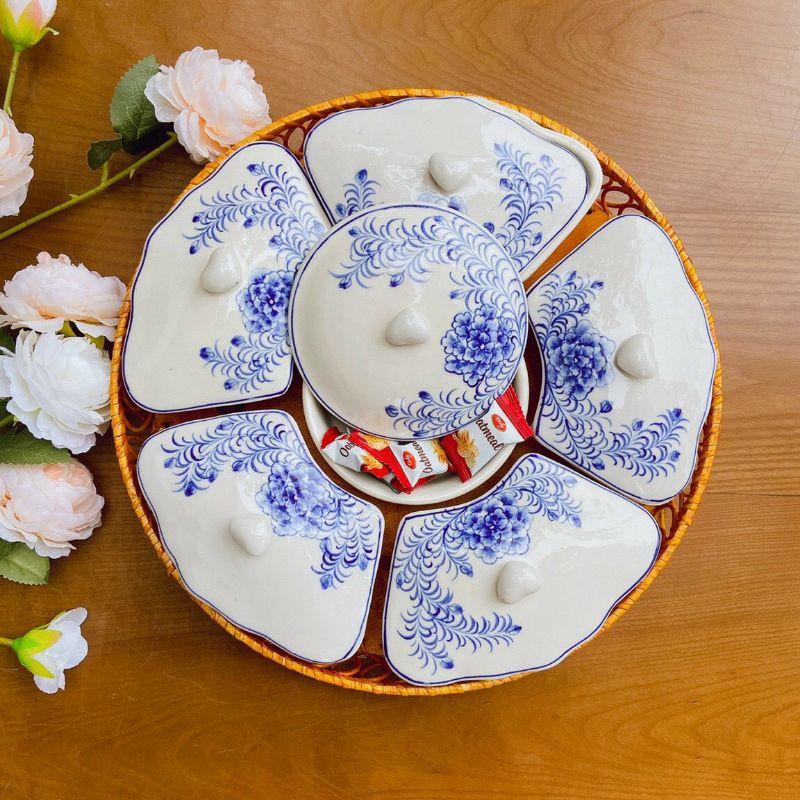 KHAY MÂY GỐM SỨ 6 KHAY CÓ NẮP ĐẬY SỨ