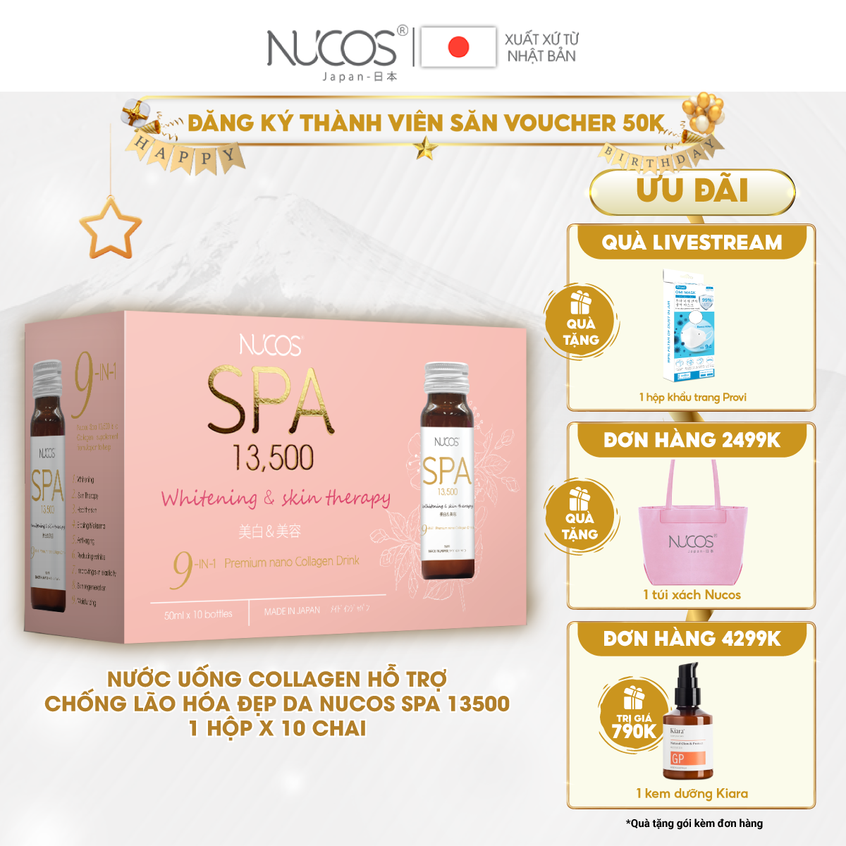 Nước uống đẹp da ngăn lão hóa Nucos Spa 13,500mg (50mlx10 chai)