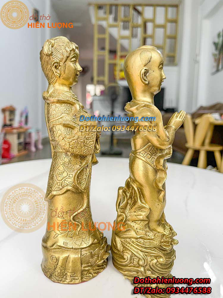 Tượng Tiên Đồng Ngọc Nữ Bằng Đồng Vàng Nguyên Chất Cao 19cm Đẹp Phong Thủy - Đồ Thờ Hiên Lượng