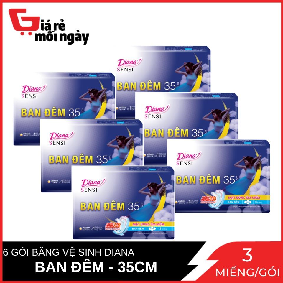 Combo 6 Băng vệ sinh Diana Sensi Ban Đêm Mặt Bông Êm Mềm 35cm 3 miếng / gói x6