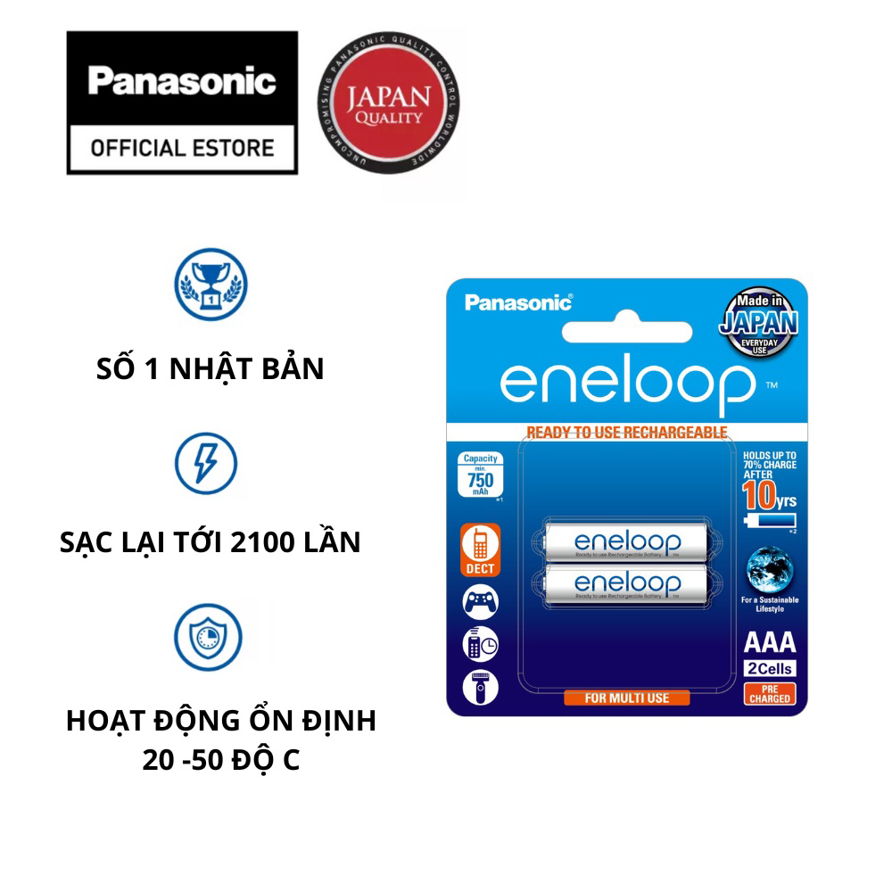 Pin sạc dự phòng NiMH Panasonic eneloop tiêu chuẩn AAA 800mAh - BK-4MCCE2BT2 - Hàng chính hãng
