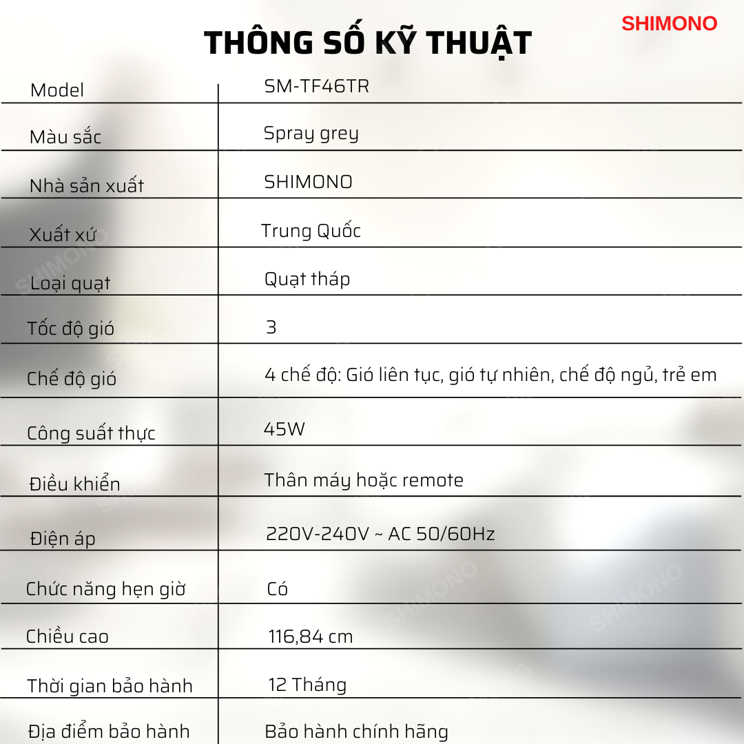Quạt Tháp SHIMONO SM-TF46TR Kiểu Dáng Sang Trọng Màn Hình Hiển Thị Nhiệt Độ Phòng BH 12 Tháng Hàng Chính Hãng