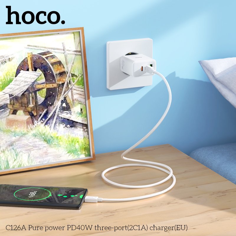 Cốc Sạc Nhanh Dành Cho Hoco C126A PD40W QC3.0 3 Cổng Sạc (1 Cổng Usb, 2 Cổng Type-C) Hàng Chính Hãng