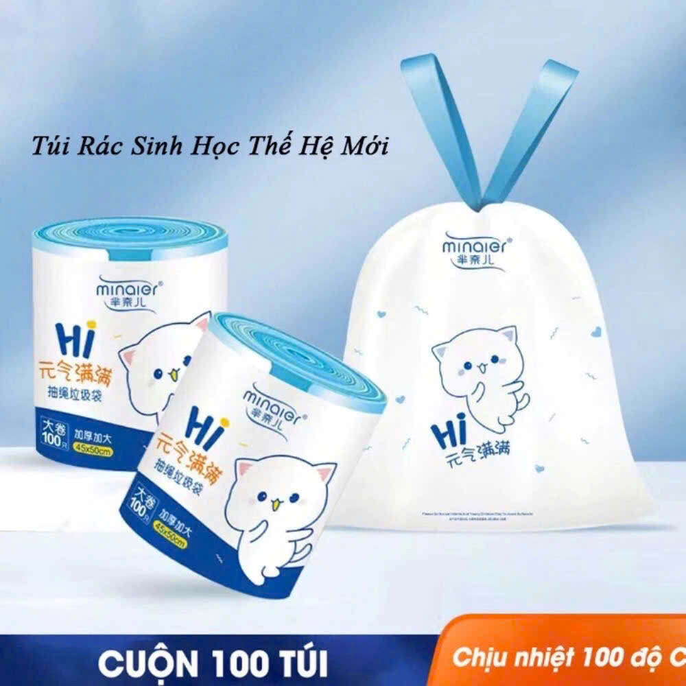 Cuộn 100 túi đựng rác gấu siêu dai, túi rác có dây rút tự hủy sinh học size 45 x 50 cm