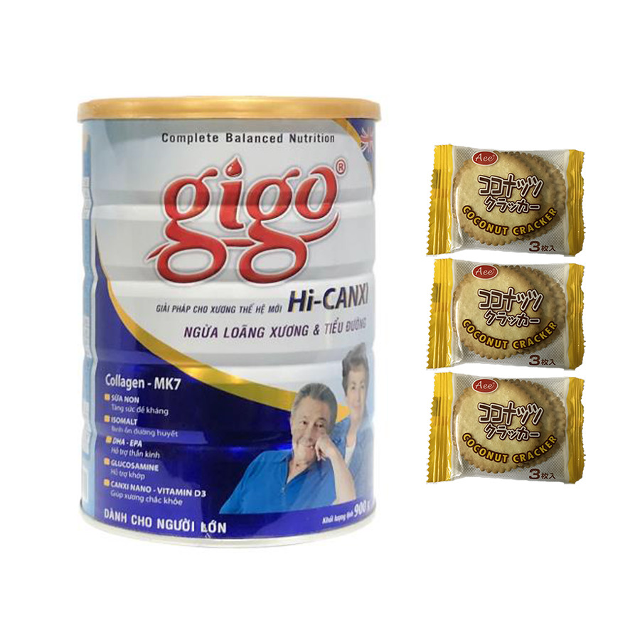 Sữa bột Gigo HI-CANXI 900g – Giải pháp ngừa loãng xương và tiểu đường cho người trưởng thành – Tặng 03 bánh quy dừa Nhật Bản hiệu Aee