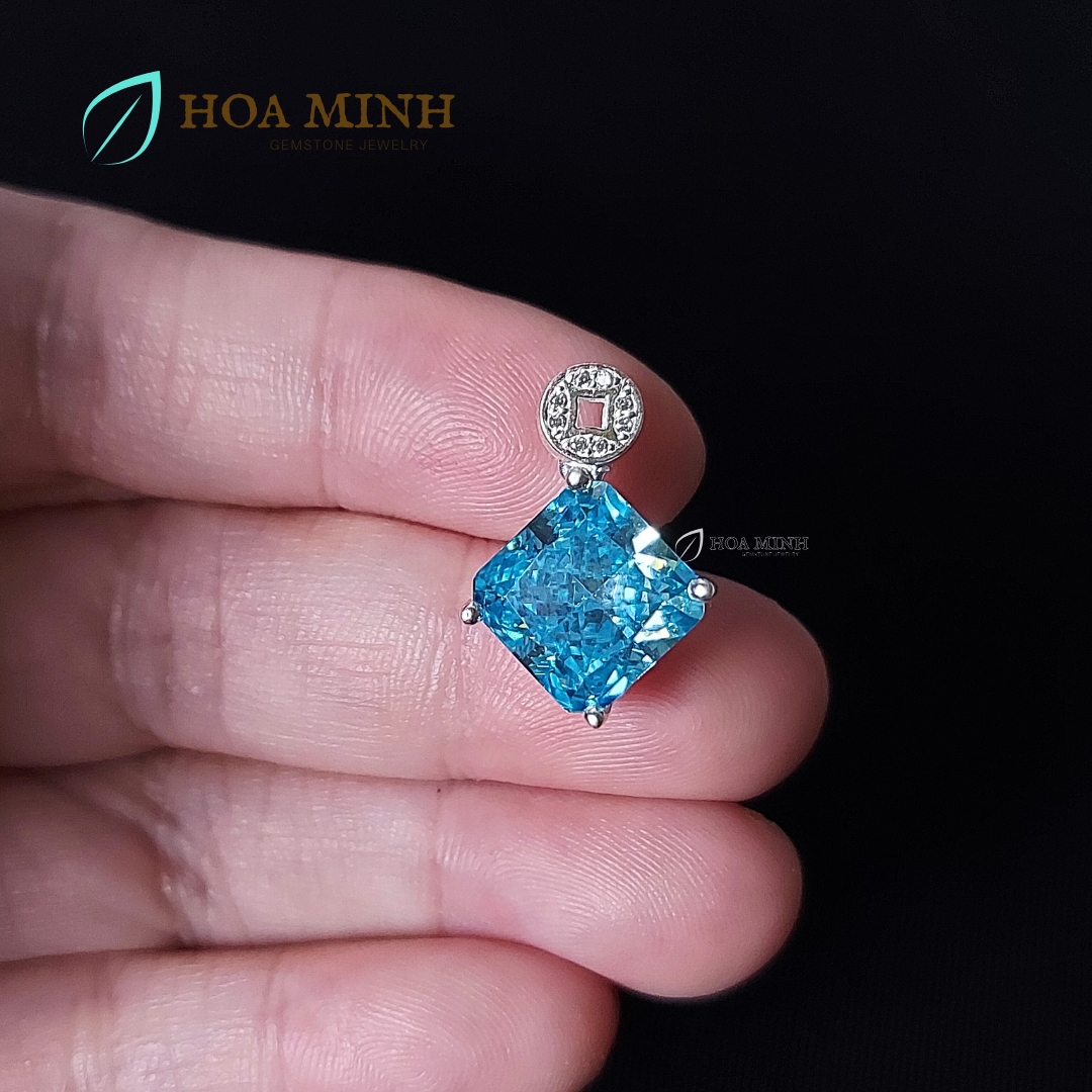 Mặt dây chuyền xoàn Nam Phi xanh biển aqua vuông size 10 li khoen kim tiền bạc nguyên chất