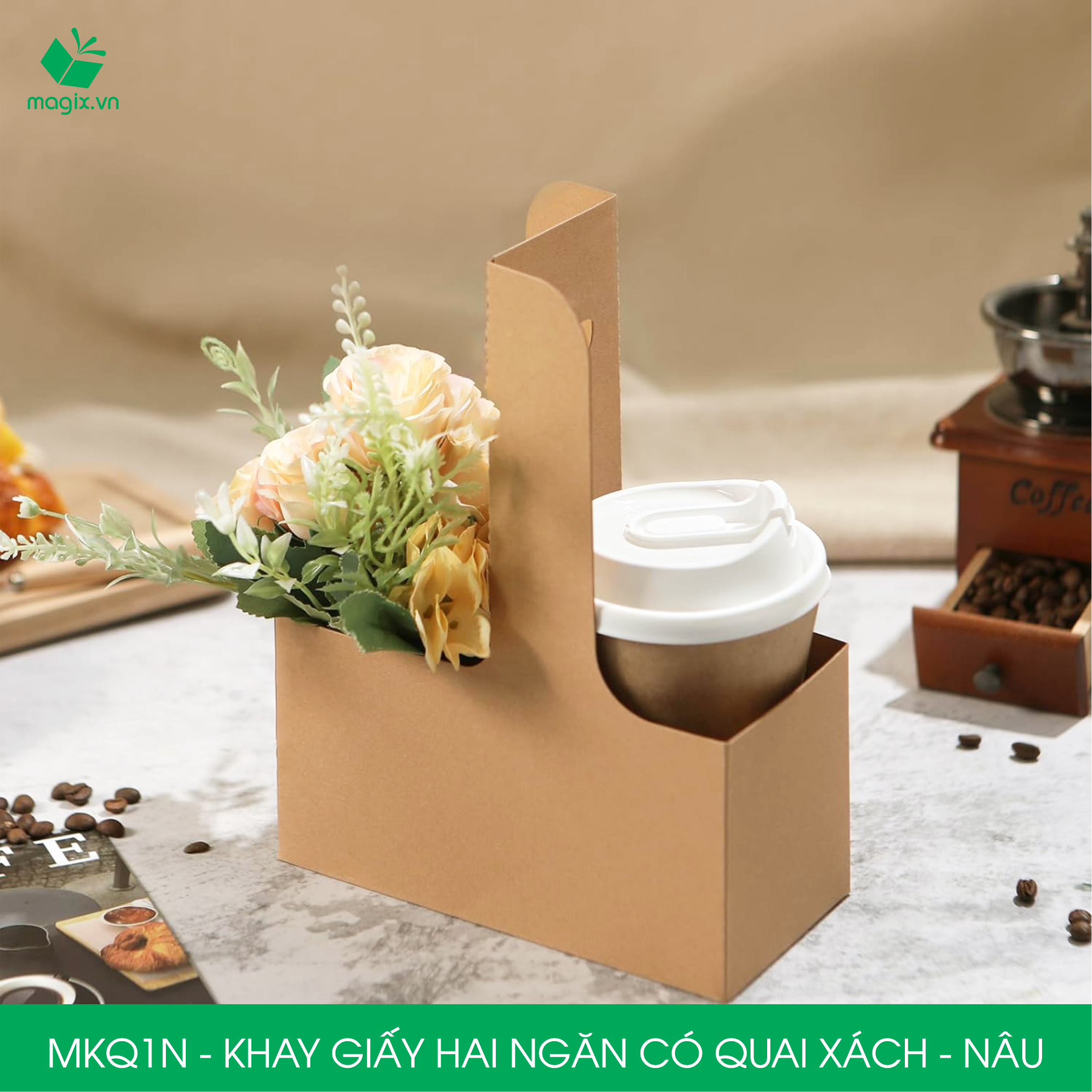 MKQ1N - 17.5x8x9 cm - Combo 20 Khay giấy 2 ngăn quai xách màu nâu siêu chắc, hộp giấy 2 ngăn chống thấm đựng ly nước, hoa và quà tặng