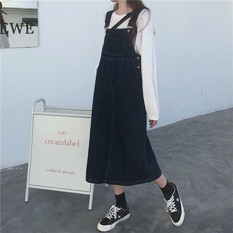 Yếm Váy Jean Xanh Chỉ Nổi - Leda