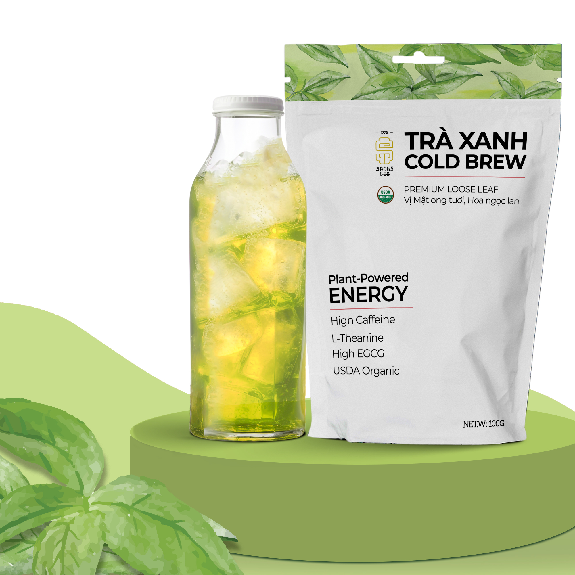 Trà Xanh Cold Brew Hữu Cơ - Chứng Nhận USDA Organic, Vị Mật Ong, Giàu EGCG Không Chát Túi Zip 100g