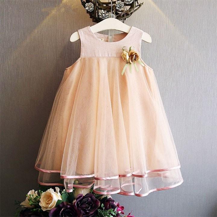 Đầm công chúa mềm mại phối hoa vải trang trọng cho bé gái 3-9 tuổi BBShine – D045