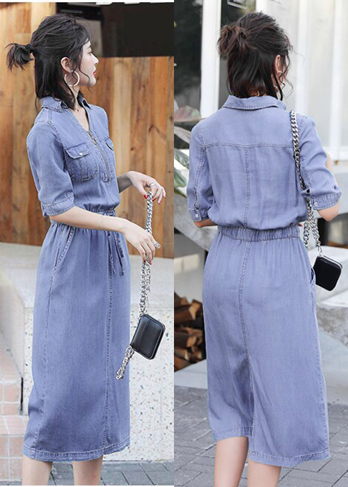 Đầm Jean Nữ Thắt Dây Eo Cổ Bẻ Thanh Lịch Form Dài