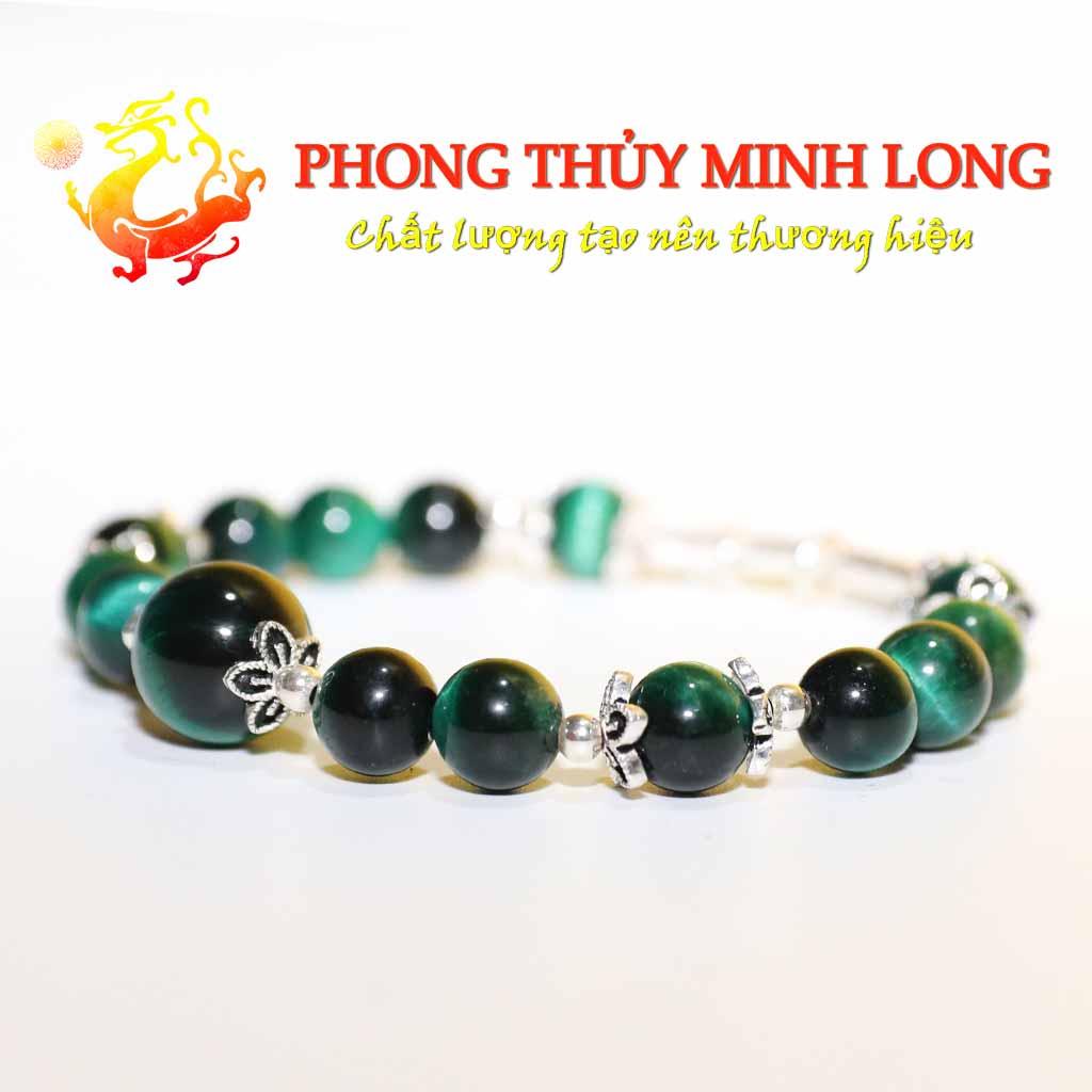 Vòng tay đá Mắt Hổ Xanh Lá mix túi tiền lá bạch dương bạc nhỏ xinh với người mệnh Mộc và Hỏa